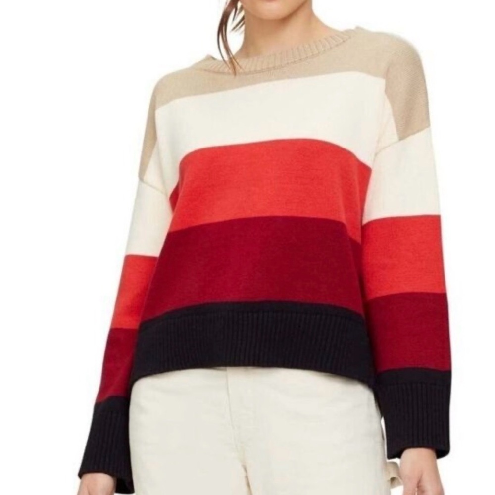 MICHAEL STARS TAUPE RED BLACK STRIPE LONG SLEEVE PULLOVER SWEATER WOMENS SZ XS
